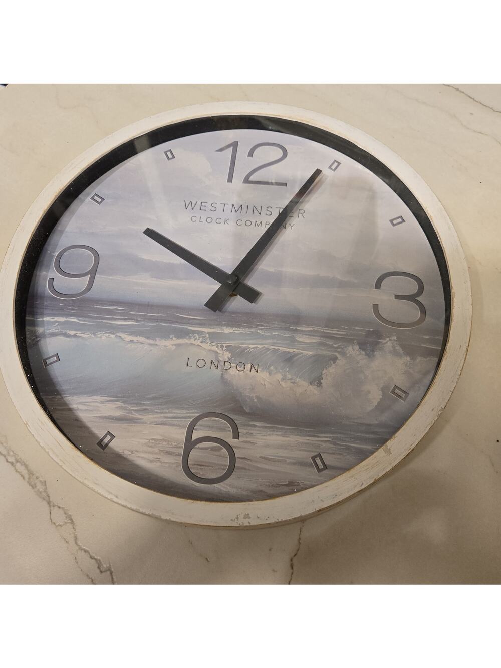 Westminster 12 Inch Wall Clock Quartz Sea Scape Large Numbers Blue Wood Tested